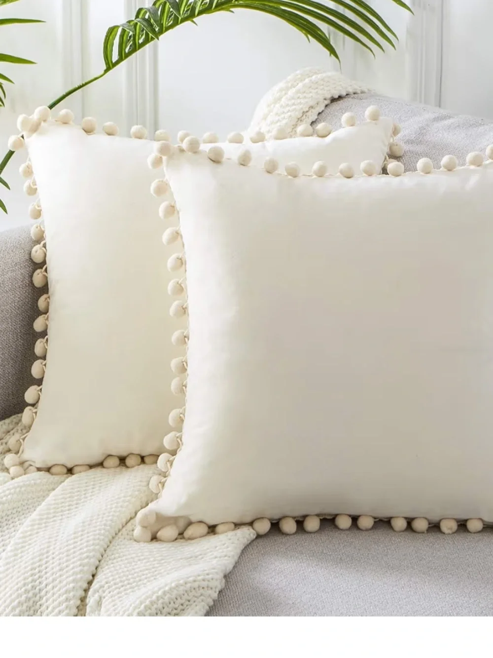 Cream Pom Pom Throw Pillow Covers - Set of 2 18”